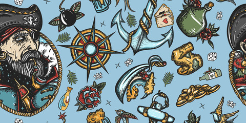 Pirates seamless pattern. Caribbean robbers. Sea adventure background. Traditional tattooing style. Old captain, parrot, sea wolf, compass, anchor, treasure island, swallows