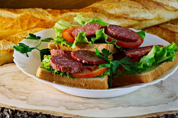 Juicy sandwich with sausage and herbs