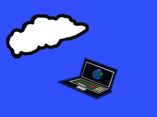 Laptop connected to the Internet. Cloud. Cloud information concept. Blue background. Copy Space. Illustration. Horizontal