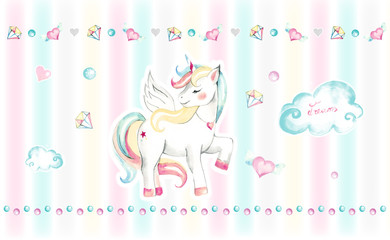 Magic unicorn in the city of dreams children's watercolor illustration can be used in children's goods, textiles, publications
