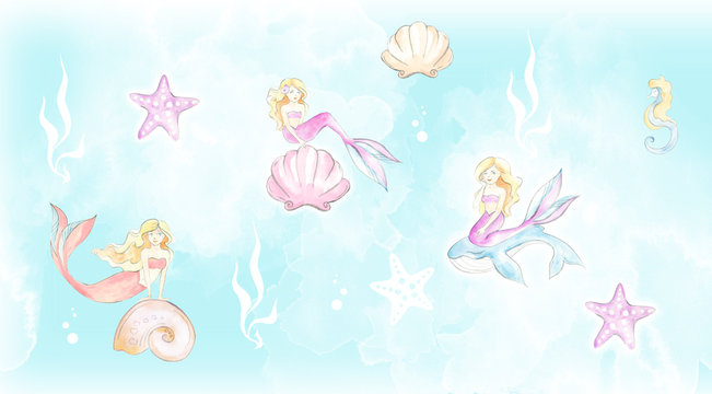 The mermaid pattern in watercolor technique can be used in children's goods, textiles, publications