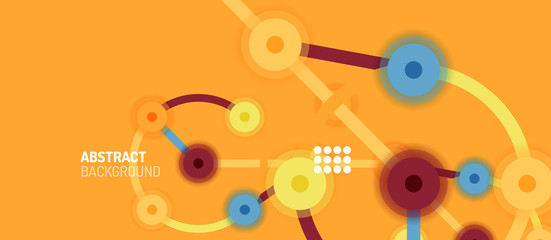 Flat style geometric abstract background, round dots or circle connections on color background. Technology network concept.