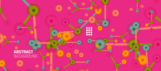 Flat style geometric abstract background, round dots or circle connections on color background. Technology network concept.