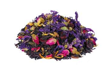 heap of blended tea with dry roses and flower petals isolated on white