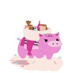 A cute cartoon pink pig Is carrying food products such as bread, milk, apples, avocados. The idea for a card in festivals such as Valentine, New Year, and others.vector design isolate.