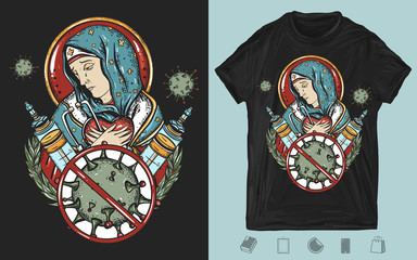 Stop coronavirus. Doctor Virgin Mary prays for the addition of the epidemic. COVID-19. Creative print for dark clothes. T-shirt design. Template for posters, textiles, apparels