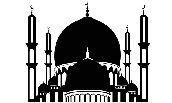 Mosque vector illustration with minaret. Beautiful mosque in black and white with premium design and window. Mosque icon in linear style. Islamic symbol