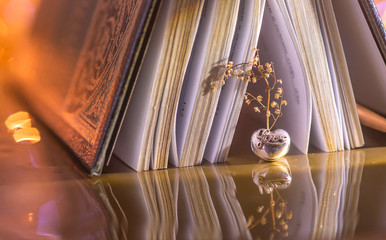 silver heart on the background of book pages. silver decoration on the background of an open book. Vintage decoration and book