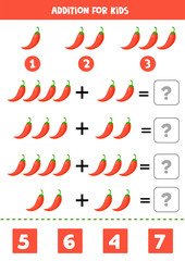 Addition for kids with red chili peppers. Math equations.