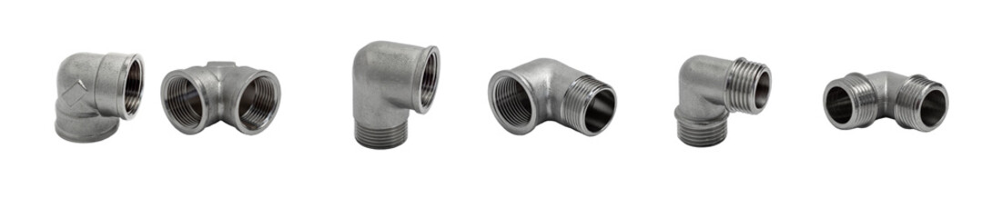 Set of metal elbow-shaped unions in different angles of male threaded and female threaded isolated...