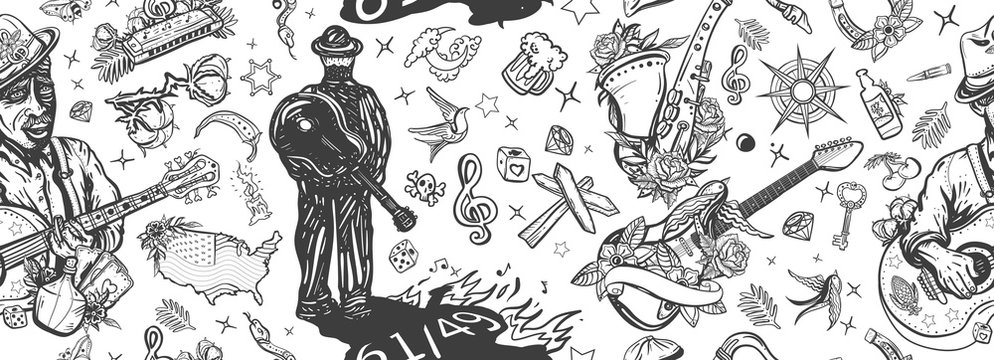 Blues music seamless pattern. Elderly Afro American bluesman goes along the road, slide guitar, saxophone. Musical legend. Crossroads 61/49 and devil. Old school tattoo style