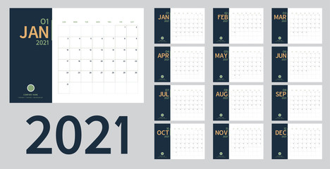 2021 new year calendar and planner vector in clean minimal table simple style and blue,green,,gold color,Holiday event planner,Week Starts Sunday.include holiday event