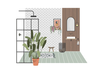 Modern bathroom vector illustration. Scandinavian design minimalist shower room with wooden wall