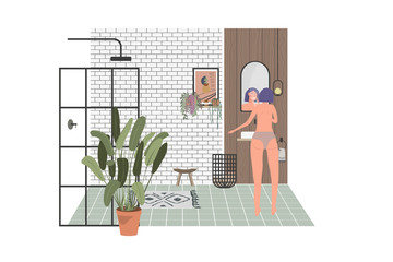 Young woman in bathroom looking in the mirror. Girl in modern shower room with plants vector illustration