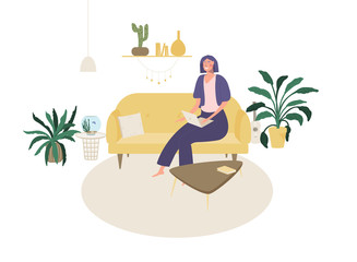 Freelancer work from home. Young woman sitting on sofa with laptop.