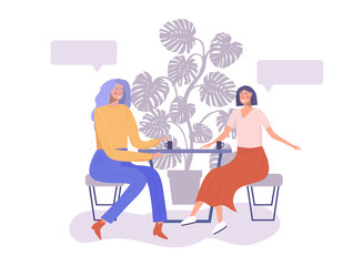 Two young women sitting in cafe and talk. Speech bubble character vector illustration