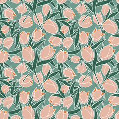 Pastel seamless pattern with tulips in retro style. Pink, orange and green colors with outlines.