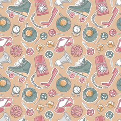 Vintage set. Phone, rollers shoes, sunglasses. Hot drink: tea and coffee. Sweets: donuts and candy. Seamless pattern for background (background). Cartoon print.