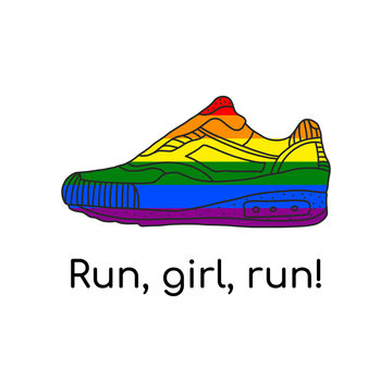 Shoes or sneakers painted in the colors of the gay flag,symbol of sports.Drawing a sign in the LGBT style,seven colors of the rainbow.vector inscription run baby run. Sticker,patch, t-shirt printing
