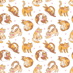 Cute funny crazy cat. Cartoon animal. Seamless vector pattern (background).