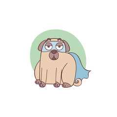 Cute pug dog. Pug puppy. Cartoon animal. Superhero. Mask and cloak. Isolated vector object on white background.