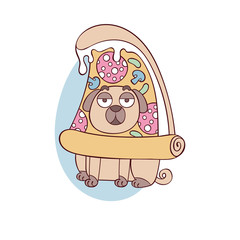 Cute pug dog. Pug puppy. Cartoon animal. Pizza slice. Isolated vector object on white background.