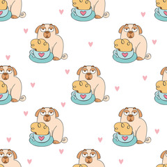 Coffee cup. Tea mug. Cute cartoon pug. Pug puppy. Cartoon animal. Seamless vector pattern (background). Funny print.