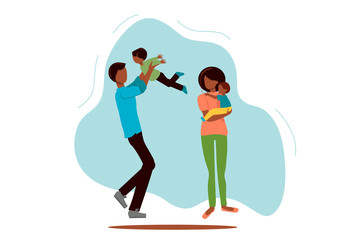 Flat happy black family with children vector illustration. Mom, dad and children are walking.
