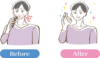 シェイバーで肌が炎症を起こしている男性ビフォーアフターセット　イラスト
