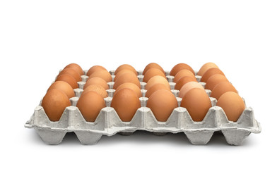 Eggs in the cardboard egg tray on white.