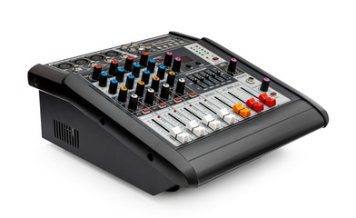 Audio mixer console on white background.