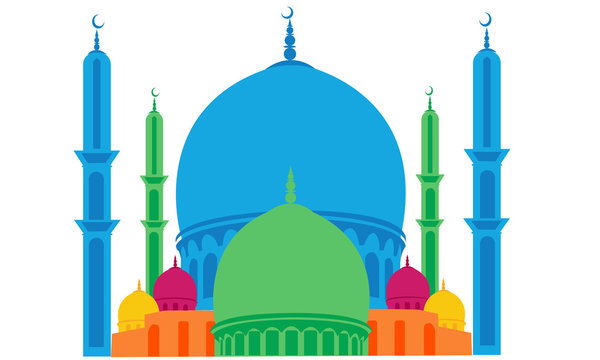 Beautiful Colored Mosque vector design. Mosque silhouette with premium design on white background. Illustration of mosque with minaret. 