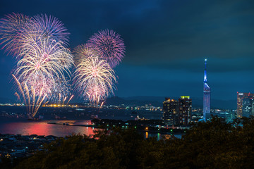 fireworks over the city and sea