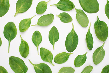 Top above overhead view photo of baby spinach lying in circles isolated on white background