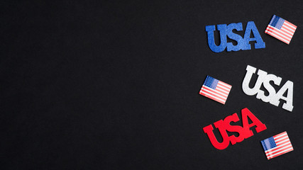 Fourth of July Independence Day banner mockup. USA signs and American flags on dark background....