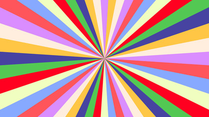 Abstract starburst background with yellow, purple, red, orange, green, blue rays. Banner vector illustration.