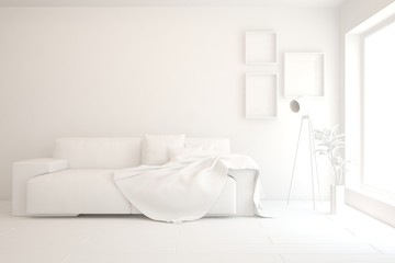 White minimalist living room with sofa. Scandinavian interior design. 3D illustration