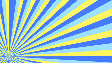 Abstract starburst background with blue, yellow rays. Banner vector illustration.