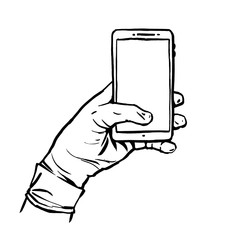 A gloved hand holding a phone. Vector hand drawn illustration on a white background.