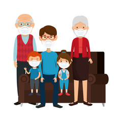 cute family using face mask with couch vector illustration design