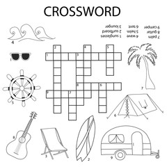 Crosswords puzzle game for preschool kids. Activity worksheet printable version. Vector hand drawn illustration. Kids black and white activity sheet surf doodle set