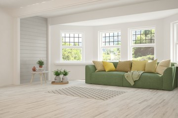 White living room with sofa and summer landscape in window. Scandinavian interior design. 3D illustration