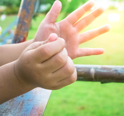The children's hands at the theme park and the sun shines in.