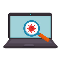 laptop with particle covid 19 in magnifying glass vector illustration design