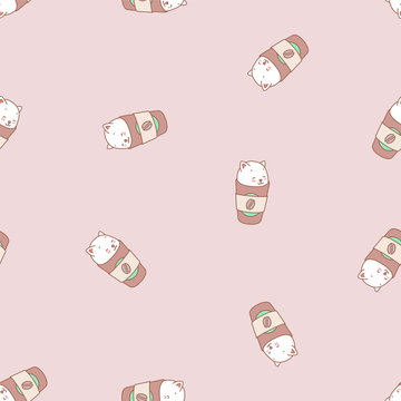 Cute kitten pattern. Illustration of cute white kittens sitting in paper coffee cups on a brown background. Vector 8 EPS.