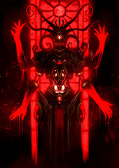 A mystic demon with many bloodied hands and horns engaged in a spiral, its eyes glowing red, a blood-red window behind it . 2D illustration