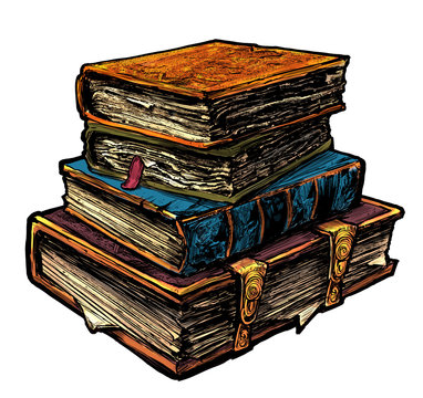 A pile of Ancient books, with a beautiful pattern on the cover, with old pages and clumps of paper sticking out of it, with locks, a very detailed linart . 2D illustration