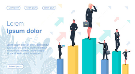 Businessmen and businesswomen are standing on the columns of statistics looking in different directions in search of a good profitable idea. Business Vector Concept Illustrator