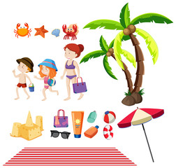 Set of people and summer items on the beach