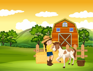 Farm scene with girl and horse on the farm